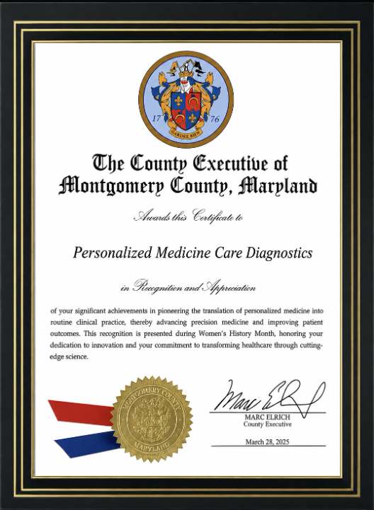 Montgomery County Executive award to Personalized Medicine Care Diagnostics
