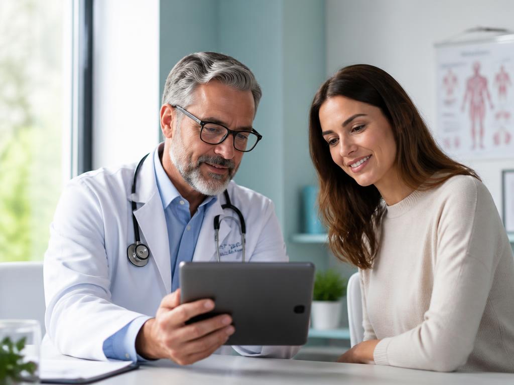 Physician and patient reviewing personalized genomic test results on a tablet