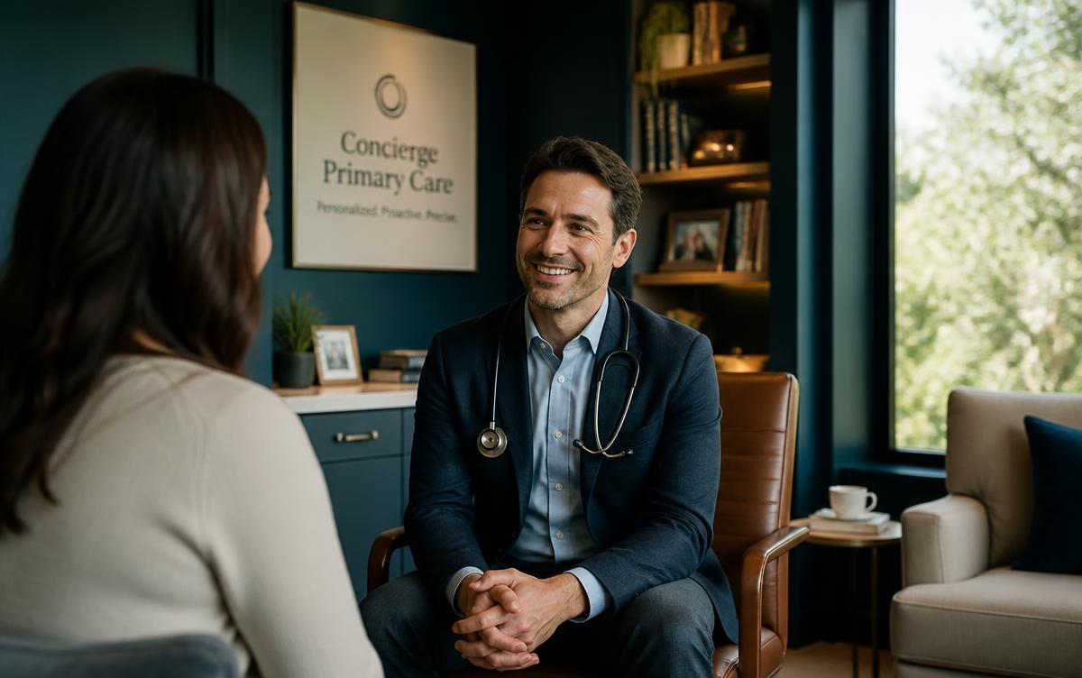 Concierge physician meeting with a member in a private practice office