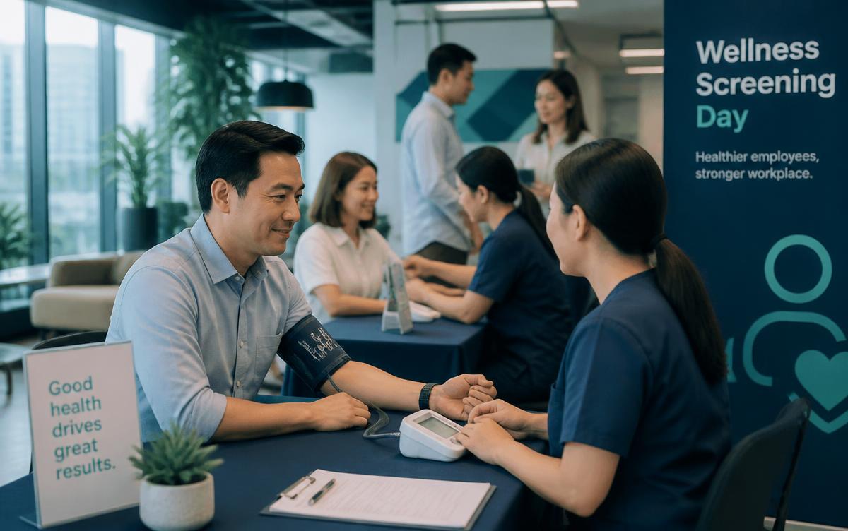 Employees at an onsite workplace health screening station