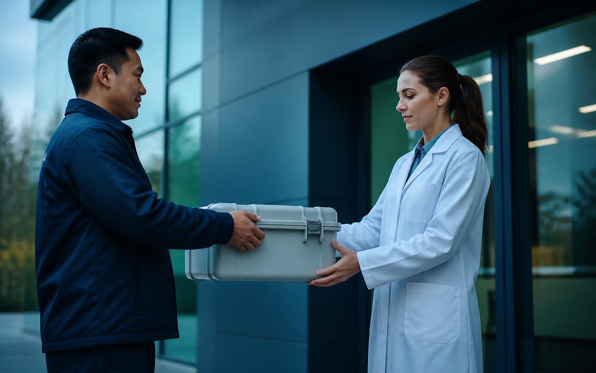 Lab courier handing a specimen transport case to a clinic technician
