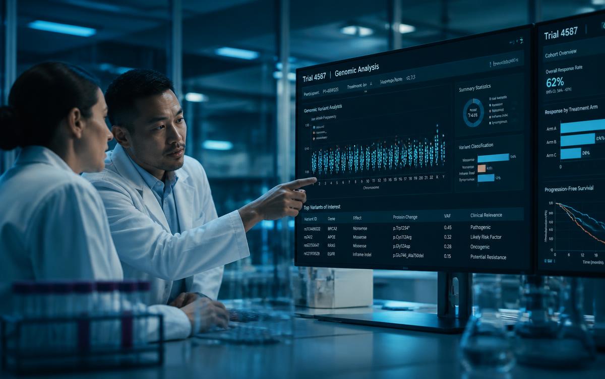 Research scientists reviewing genomic trial data