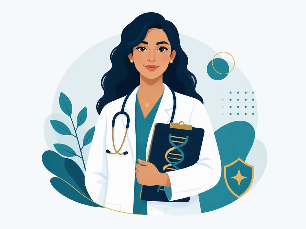 Illustration of a physician with a stethoscope holding a DNA report